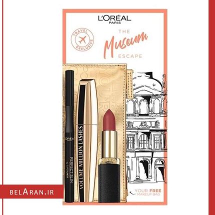 ست میکاپ لورال-محصولات لورال-لوازم آرایش اورجینال-بلاران L'Oreal Paris Museum Escape Set (mascara/10.7ml + eye/liner/1ml + lip/stick/4.5ml + bag)-belaran